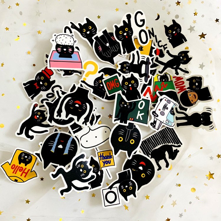 12284449491_974909541. jpg 40张/包可爱卡通小黑猫表情包手账贴纸笔记本水杯防水涂鸦PVC贴纸 - 画像 (1)