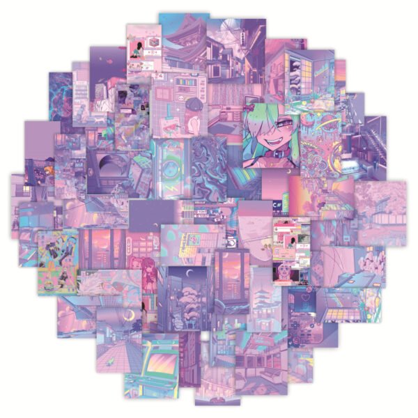 新款56张紫色梦幻少女心雷瑟风卡通日常通勤文具手机水杯趣味贴纸