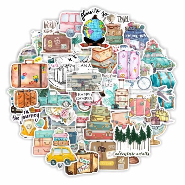 50张户外彩色水彩旅行箱渲染涂鸦卡通贴纸电脑滑板机车水杯