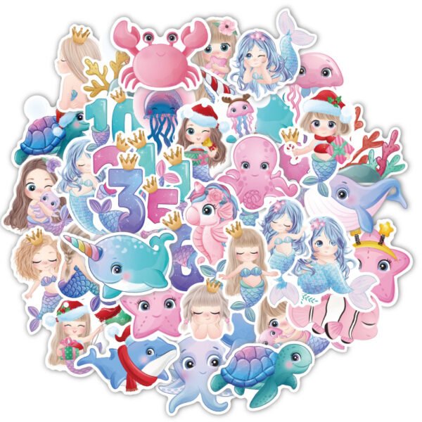 深海人鱼贝壳贝壳小螃蟹涂鸦贴画卡通装饰笔记本水杯防水贴纸批发